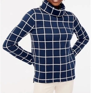 J. Crew Factory Funnelneck Blue & White Windowpane Plaid Sweater Warm Cabincore - Picture 1 of 8