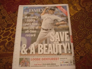 MARIANO RIVERA 600 SAVES DAILY NEWS FULL NEWSPAPER NY YANKEES 9/14/11 SANDMAN  - Picture 1 of 4