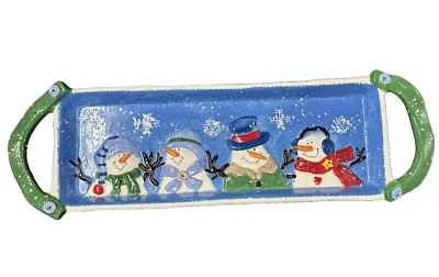 St. Nicholas Squares Ceramic Snowmen Bottom Up Rectangular Tray with Handles - Image 1 of 4