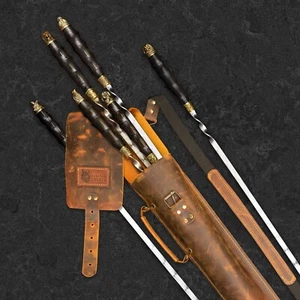 7Pcs Наndmade Stainless Steel Skewers set Shashlik BBQ Mangal "LEATHER QUIVER" - Picture 1 of 8