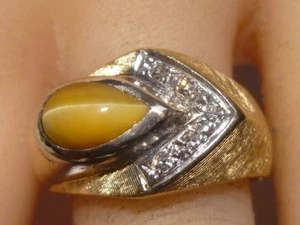 Tiger's Eye Men's Ring 14K gold Art Deco Pave Set 5 Diamonds Stamp IBG Vintage - Picture 1 of 11