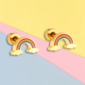 Stainless Steel Rainbow Stud Earrings Hypoallergenic Pride Flag LGTBQ+ Gold Cute - Picture 1 of 10