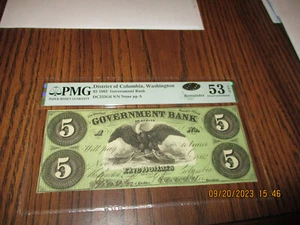 1862 $5 GOVERNMENT BANK OF WASHINGTON DC PMG 53 ABOUT UNCIRCULATED "PLUS FRICKE" - Picture 1 of 7