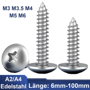 Blechschrauben Edelstahl A2 A4 Flachrundkopf Pilzkopf Kreuzschlitz M3 M4 M5 M6 - Picture 1 of 8