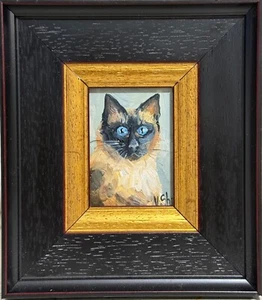 ACEO GERAHMT Siamkatze Original Ölgemälde Portrait Haustier Tier signiert Kunst - Bild 1 von 7
