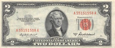 USA  $2  Series of 1953 A  Block  A  Red Seal & Serial #  Circulated Banknote WA - Image 1 of 2