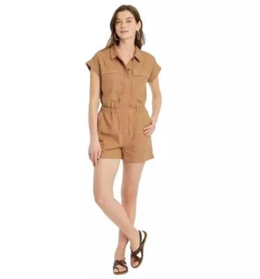 NEW NWT Brown Sz 4 Linen Blend Romper Jumpsuit Pockets UNIVERSAL THREAD - Image 1 of 4