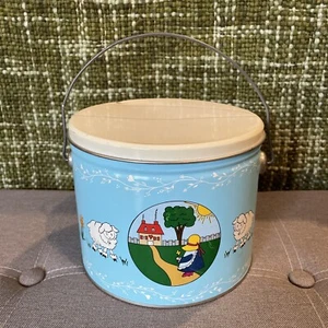 VTG Country Metal Tin Bucket w/ Handle Lunch Pail Biscuit Storage Tulips Sheep - Picture 1 of 11