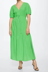 Mango MNG Maxi Dress Bright Green V Neck Short Sleeve Plus Size 18 3 XL Tiered - Picture 1 of 15