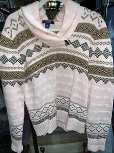 Chaps Sweater Womens Large Pullover 100% Cotton Shawl Collar Pink & Brown Cozy - Picture 1 of 4