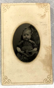 Tintype Photo Chubby Cheek Blond Baby in Embroidered Dress 2 1/2 x 4 Danville IL - Picture 1 of 3