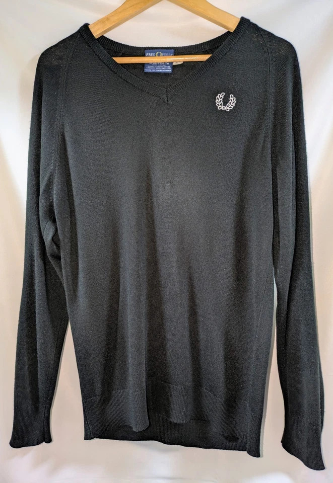 Fred Perry Sportswear Vintage V-Neck Jumper UK Made Black Knitwear M Mod... — 第 1/4 张图片