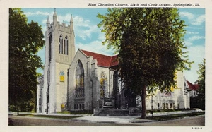 First Christian Church Sixth & Cook Street Springfield Illinois Leinen Postkarte - Bild 1 von 2