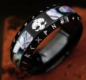 Anillo de boda de acero inoxidable con incrustación de runas vikingas negras vintage - Imagen 1 de 1