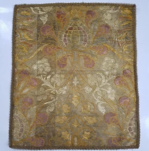 Antique French Silver Metallic Brocade Panel with Metallic Trim 70x59cm - Picture 1 of 12
