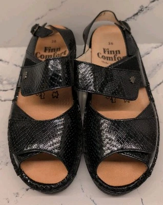 Finn Comfort 黑色漆皮蛇形动物露背凉鞋 4 1/2 美国 6.5 — 第 1/4 张图片