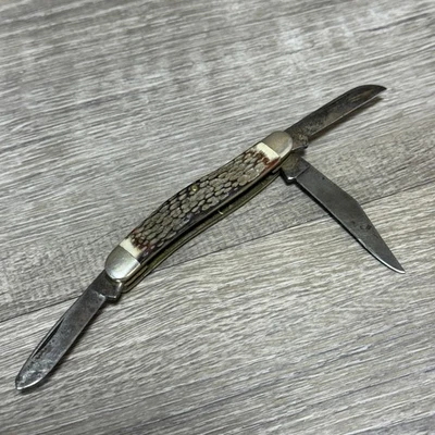 Navaja de Bolsillo Ka-Bar 1081 EE. UU. De Colección 3 Hojas Jack Hueso Plantilla Manijas Pátina Foto 1 de 4