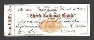 U.S. 1877 BANK CHECK, THIRD NATIONAL BANK, NEW YORK W/ REVENUE RN-F1 - Picture 1 of 2