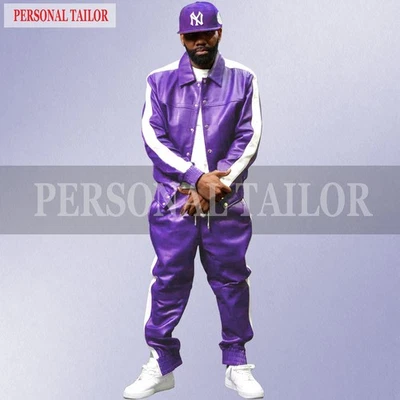 Mens Brayden 100% Genuine Lambskin Leather TrackSuit Sweatsuit [Purple/White] - Image 1 of 2