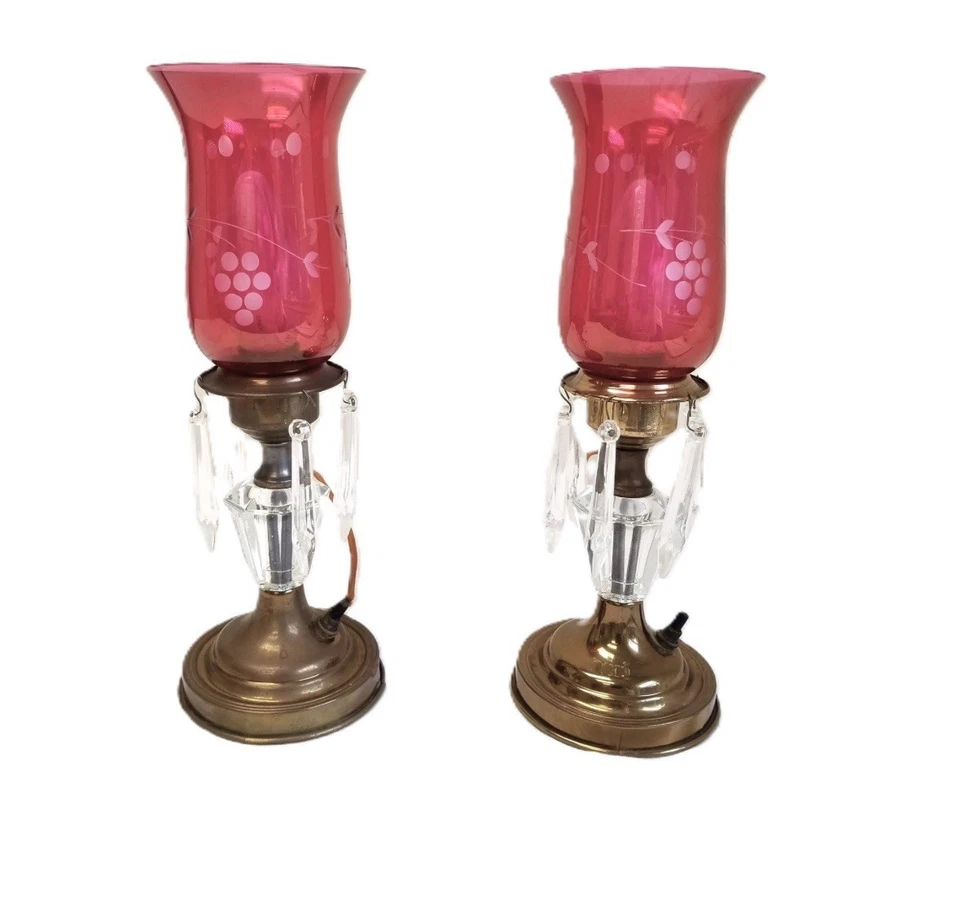 Pair Of Antique Cranberry Etched Hurricane Lamps With Dangling Faceted Crystals - Image 1 of 4