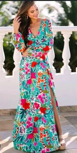 Shop The Mint Just Feels Right Teal Floral Maxi Dress Long Sleeve Size S - Picture 1 of 4