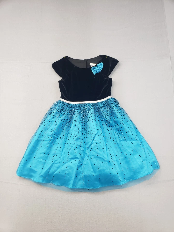 Vestido Jona Michelle Niñas 8 Negro Terciopelo Azul Tul Brillante Fiesta de Vacaciones Informal Foto 1 de 4