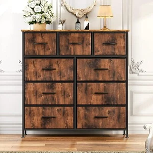 Rust Brown 9 Storage Drawer Dresser Bedroom Wood Dresser Fabric Storage Tower - Picture 1 of 9