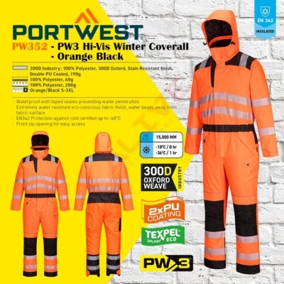 Portwest PW352 PW3 Hi-Vis Winter Coverall Waterproof Warmth Boiler Suit - Orange - Image 1 of 4