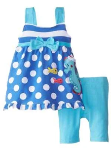 Young Hearts Girls Seahorse Outfit Blue & White Dot Top & Shorts 2 Piece Set - Picture 1 of 1