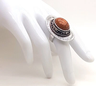 R001 Vintage retro ethnic chunky style brown oval shape Adjustable fashion Ring - Image 1 of 4