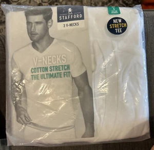 New Stafford Cotton Stretch Mens 3 Pack Short Sleeve V Neck T-Shirt Small White - Picture 1 of 2