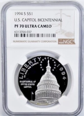 1994 U.S. CAPITOL Silver Dollar NGC PF70💥FLAWLESS QUALITY💥 - Image 1 of 4