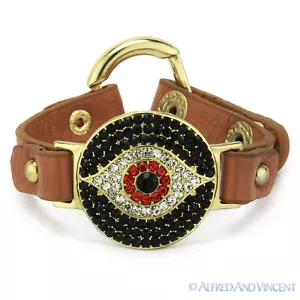 Evil Eye CZ Crystal Bead Greek Turkish Nazar Hamsa Leather Cuff Punk Bracelet - Picture 1 of 4