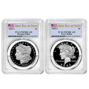 2024-S $1 Proof Morgan and Peace Silver Dollar 2pc Set PCGS PR70DCAM FDOI Fla... - Picture 1 of 3