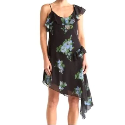 Free People NWT Alma Midi Dress Asymmetrical Ruffle Black Combo Blue $168 Size M - Image 1 of 4
