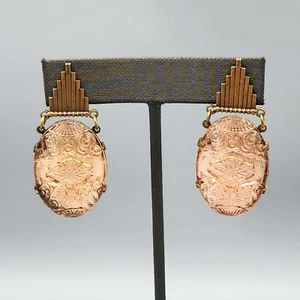 Art Deco Czech Light Rose Pink Molded Ornate Art Glass Brass Drop Earrings - Picture 1 of 10