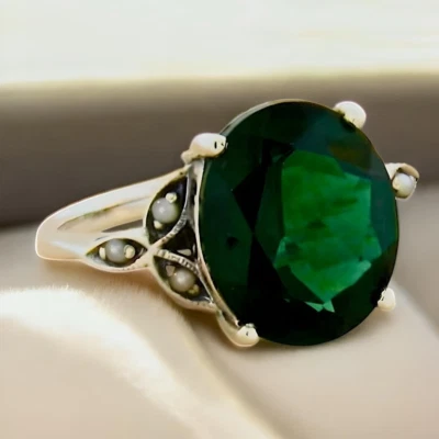 ANILLO ESTILO VICTORIANO PLATA ESTERLINA 925 5 quilates esmeralda y perlas simuladas #535 Foto 1 de 4