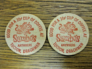 Lot of 2 Sambo's Restaurant Wooden Nickels Tucson Arizona AZ Tokens