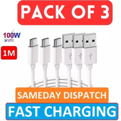 Pack 3  Super-Fast USB Type A to Type C Charging Data Cable 1M Long Lead - Image 1 of 4