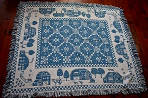 Vintage Decke Krone Basteln Bauernhaus Tiere wendbar 48"x 58" blau-weiß - Bild 1 von 11