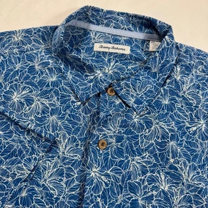 Camicia Tommy Bahama uomo XXL alta marea ibisco blu 100% seta manica corta bottoni - Foto 1 di 8