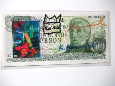 A. WARHOL/K. HARING/J. M.BASQUIAT: 500 PESO BANKNOTE 3x SIGNIERT, SKIZZIERT - Bild 1 von 4