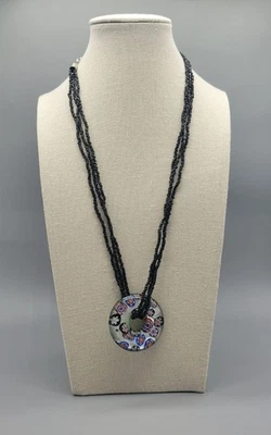 Collar colgante reversible Millefiori de vidrio redondo con cuentas de semilla negra en capas N1E Foto 1 de 4
