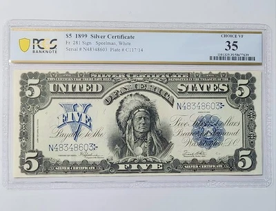 1899 $5 Silver Certificate Indian Chief Note Speelman|White Fr 281 PCGS 35 Ch VF - Image 1 of 2