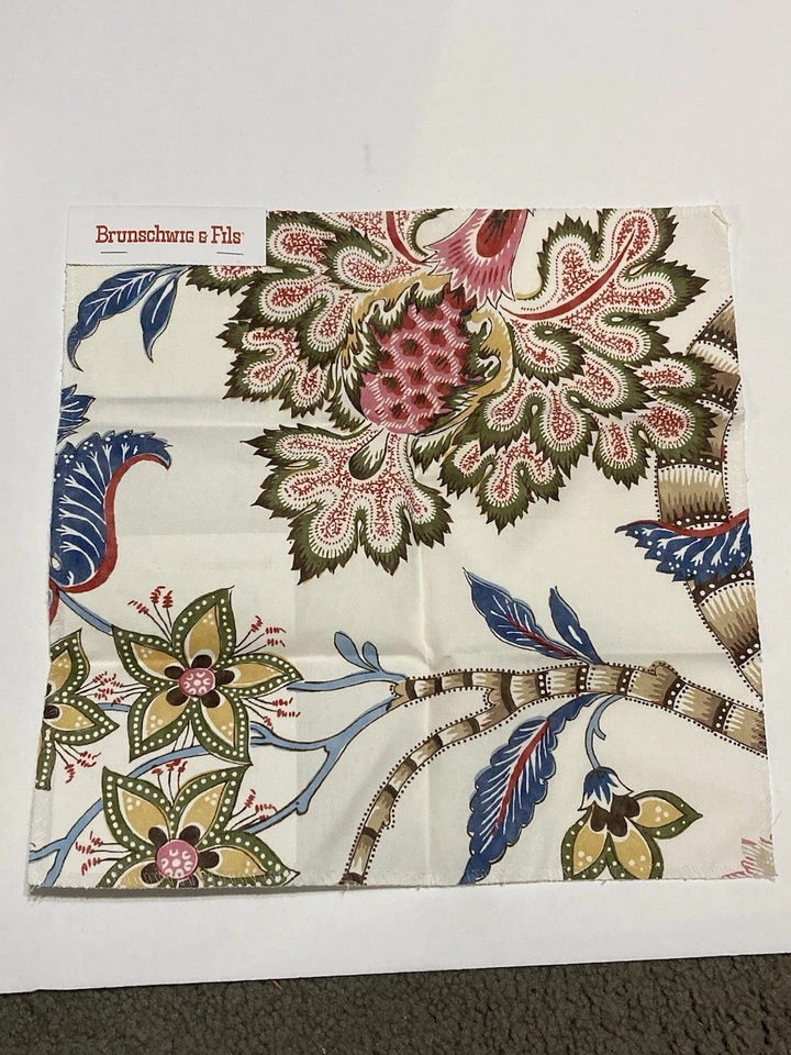 NEW SAMPLE Brunschwig & Fils Floral CADENET Print in Red/Blue 12.5” X 12.5” - Image 1 of 4