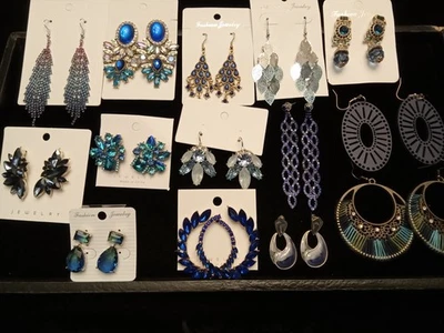 14 Pairs Of Different Blue Color Pierced Earrings Costume Jewelry Earring Lot  Foto 1 de 4