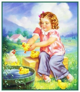 Niña jugando patos bebé por Mabel Rollins Harris patrón de punto de cruz contado - Imagen 1 de 10