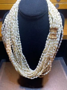 VTG NECKLACE FRESHWATER RICE CULTURED 10 STRAND RICE PEARL 14k CLASP & DIAMONDS - Picture 1 of 12