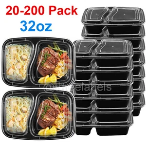 20-200Pack 32oz Meal Prep Containers 2 Compartments Food Storage Boxes with Lids - Picture 1 of 7