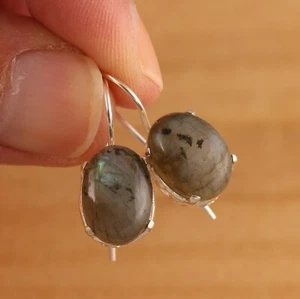 Natural Labradorite 925 Sterling Silver Filigree Large Hook Earrings Gift Boxed - Picture 1 of 6